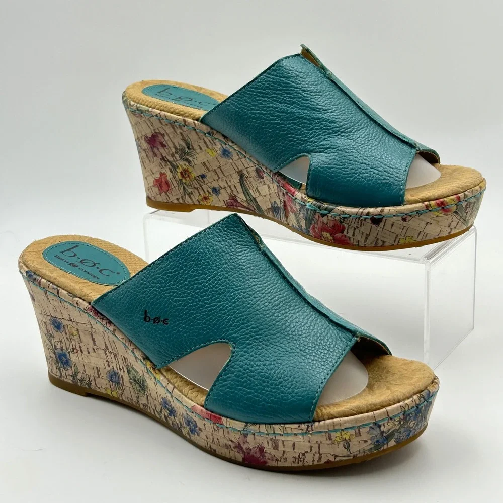b.o.c. Wedge Sandals Womens 9 Teal Floral Cork Platform Mules C42613 Boho Summer
